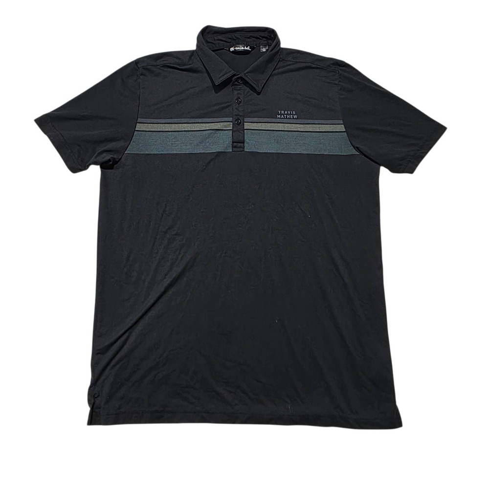 TravisMathew Mens Large Black Pima Cotton Blend Striped Chest Polo Shirt